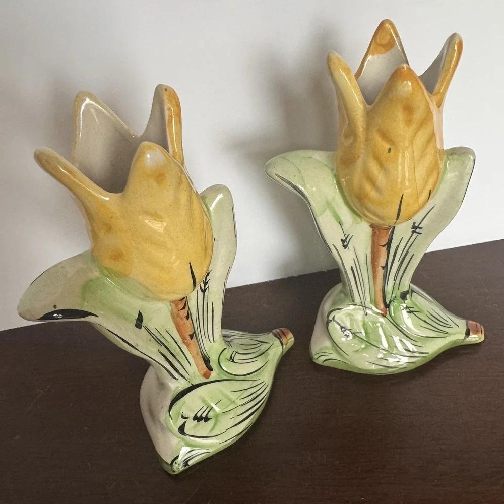 Vintage Ceramic Tulip Candle Holders Pair Made In Portugal MCM Gold Trim